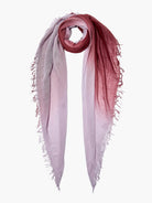 Lavender to deep burgundy ombre dip-dye cashmere and silk scarf.  Frayed edges.