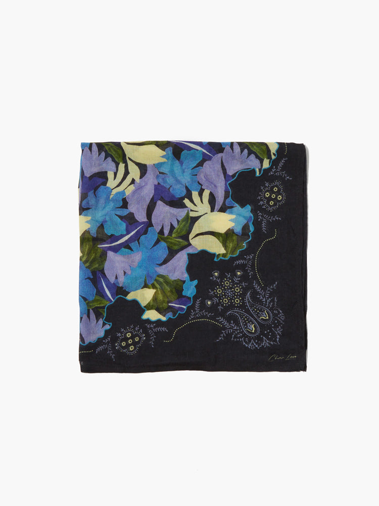 Black cashmere and silk scarf with blue, purple, green, and yellow floral print; paisley border.