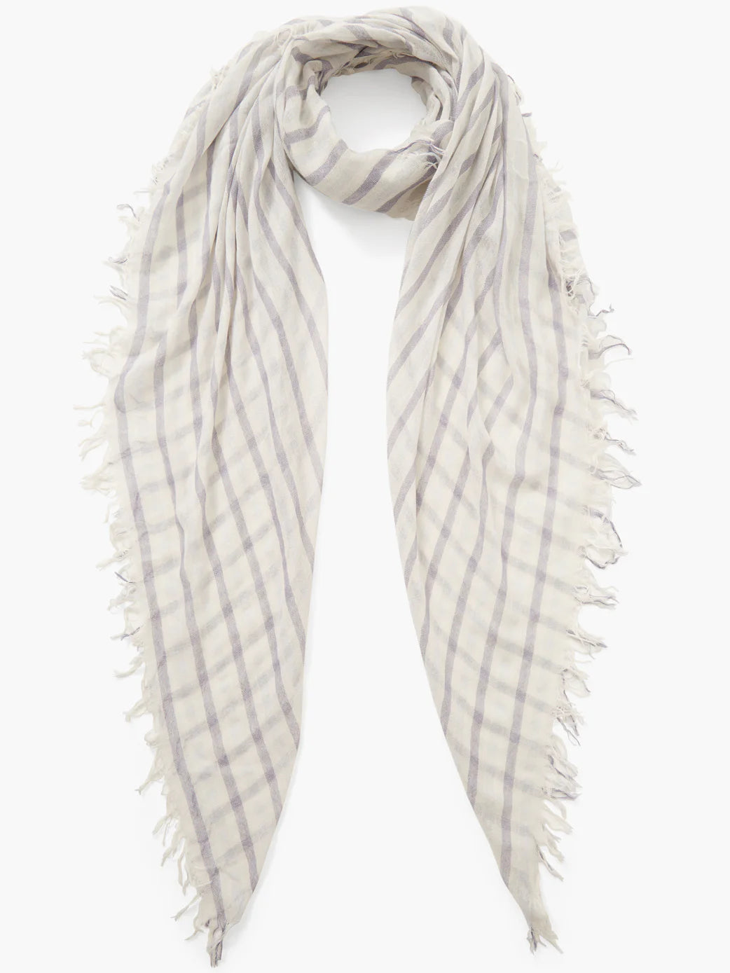 Off-white scarf with lavender stripes, fringed edges.