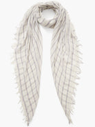 Off-white scarf with lavender stripes, fringed edges.