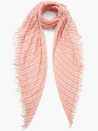 Pink and white striped fringed scarf.  Diagonal stripes.  Raw edges.