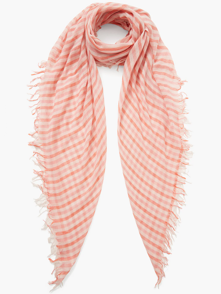 Pink and white striped fringed scarf.  Diagonal stripes.  Raw edges.