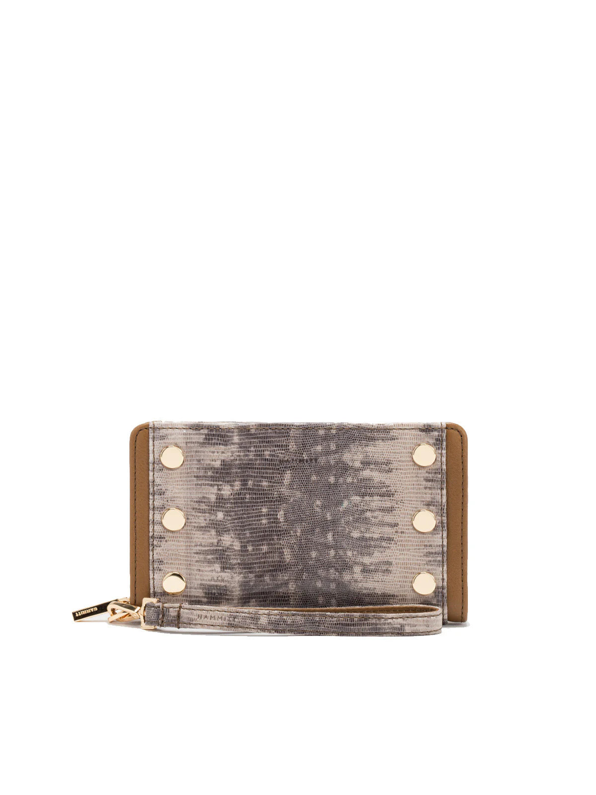 Grey/beige snakeskin wallet, brown trim, six prominent gold studs on front, and matching wristlet strap.