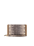 Grey/beige snakeskin wallet, brown trim, six prominent gold studs on front, and matching wristlet strap.