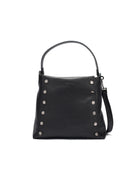 Black leather shoulder bag with silver studs, short top handle, and longer crossbody strap.