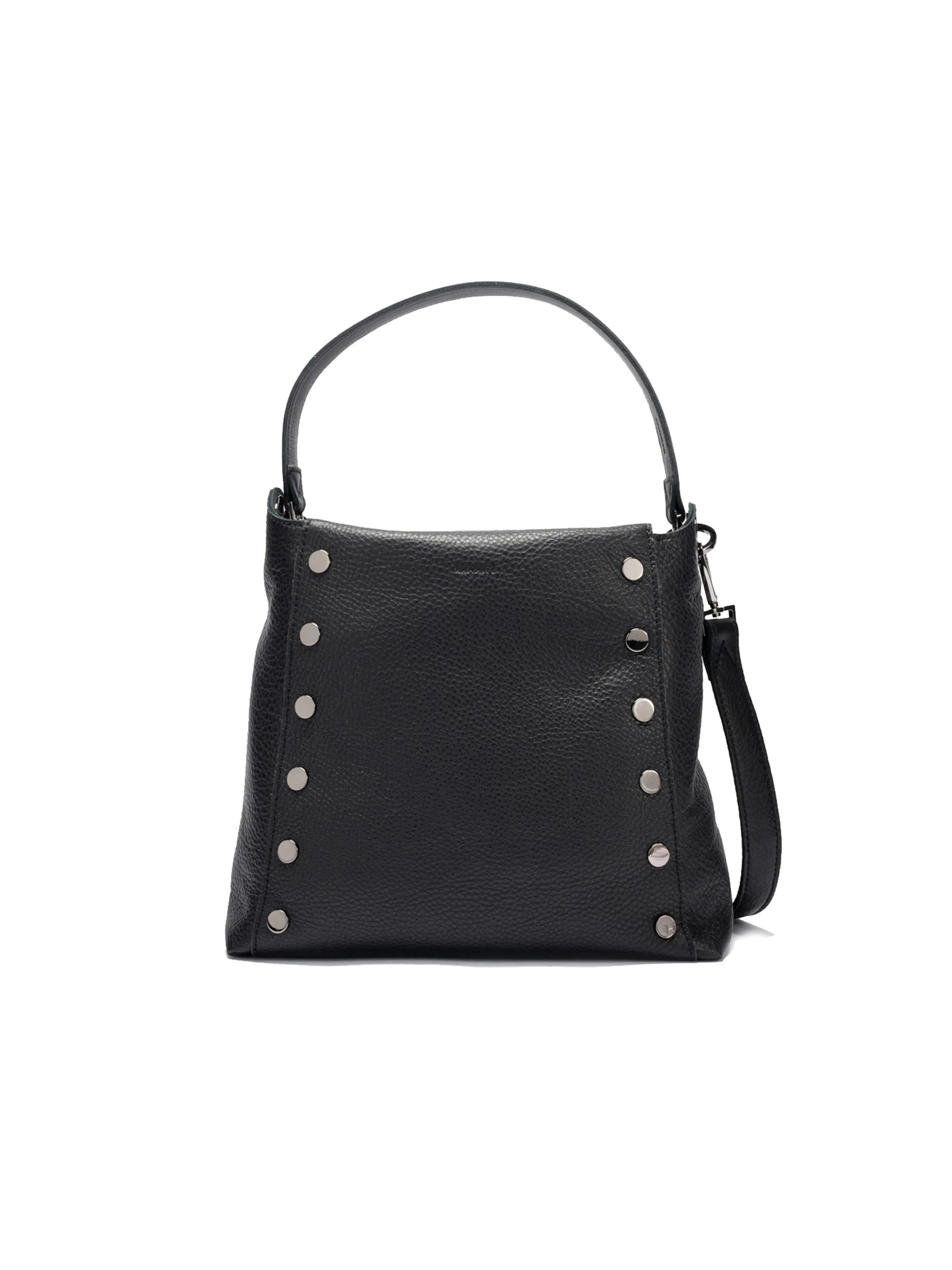 Black leather shoulder bag with silver studs, short top handle, and longer crossbody strap.