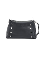 Hammitt Bryant Medium bag: Dark gray pebbled leather, 6 round silver-toned studs, thin shoulder strap.