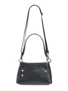 Black pebbled leather handbag with a top handle, detachable crossbody strap, and silver-tone studs along the sides.