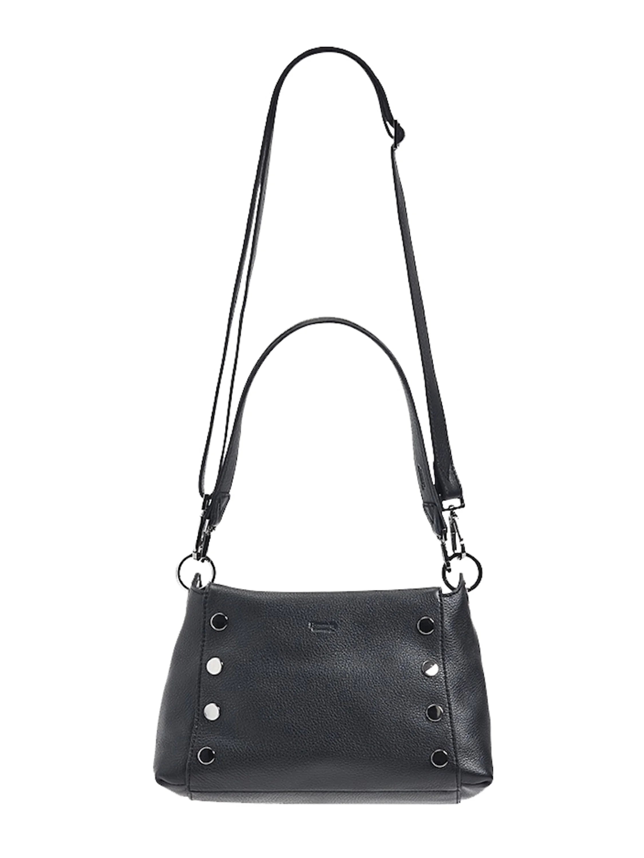 Black pebbled leather handbag with a top handle, detachable crossbody strap, and silver-tone studs along the sides.
