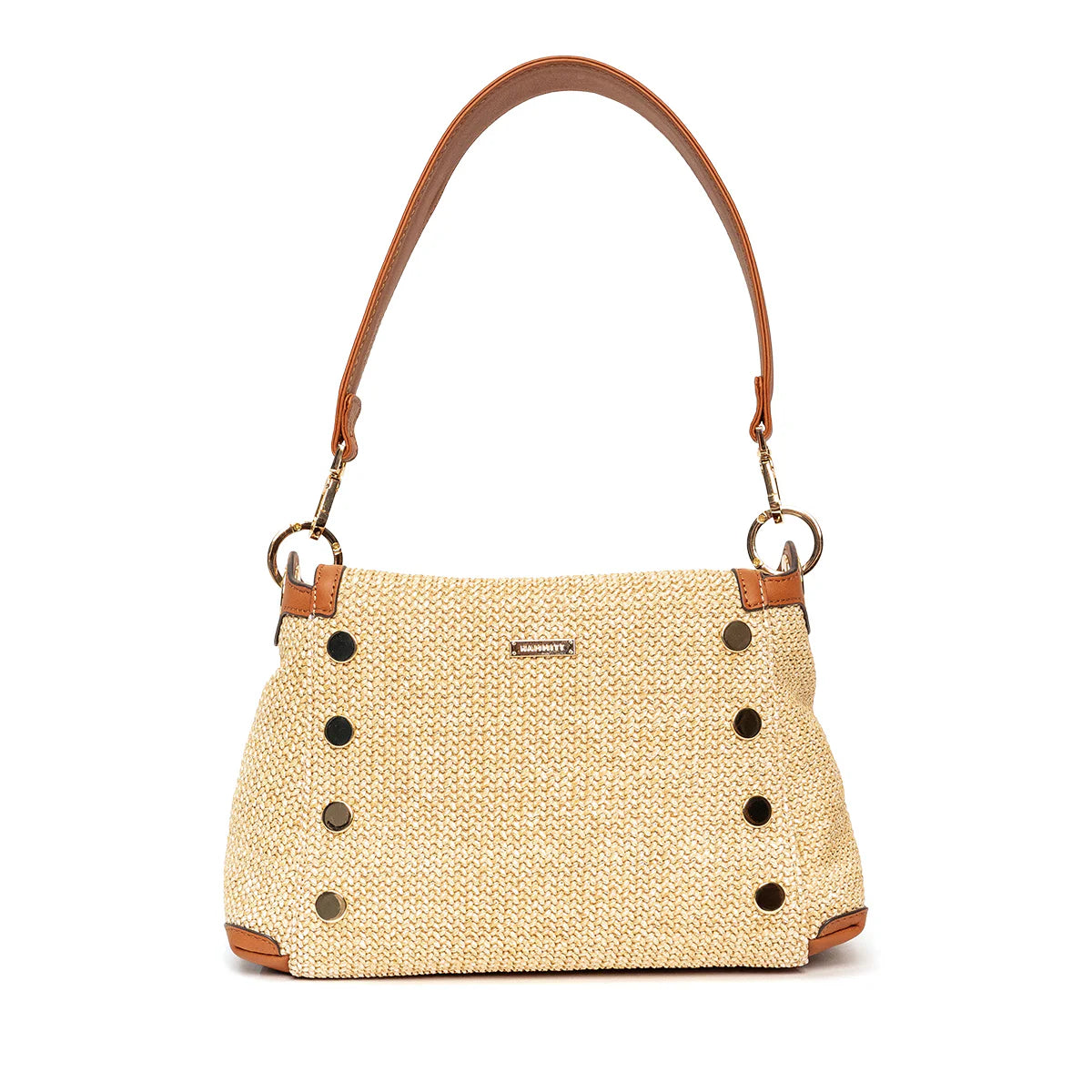 Tan woven straw shoulder bag with brown leather trim, strap, dark studs & gold hardware.
