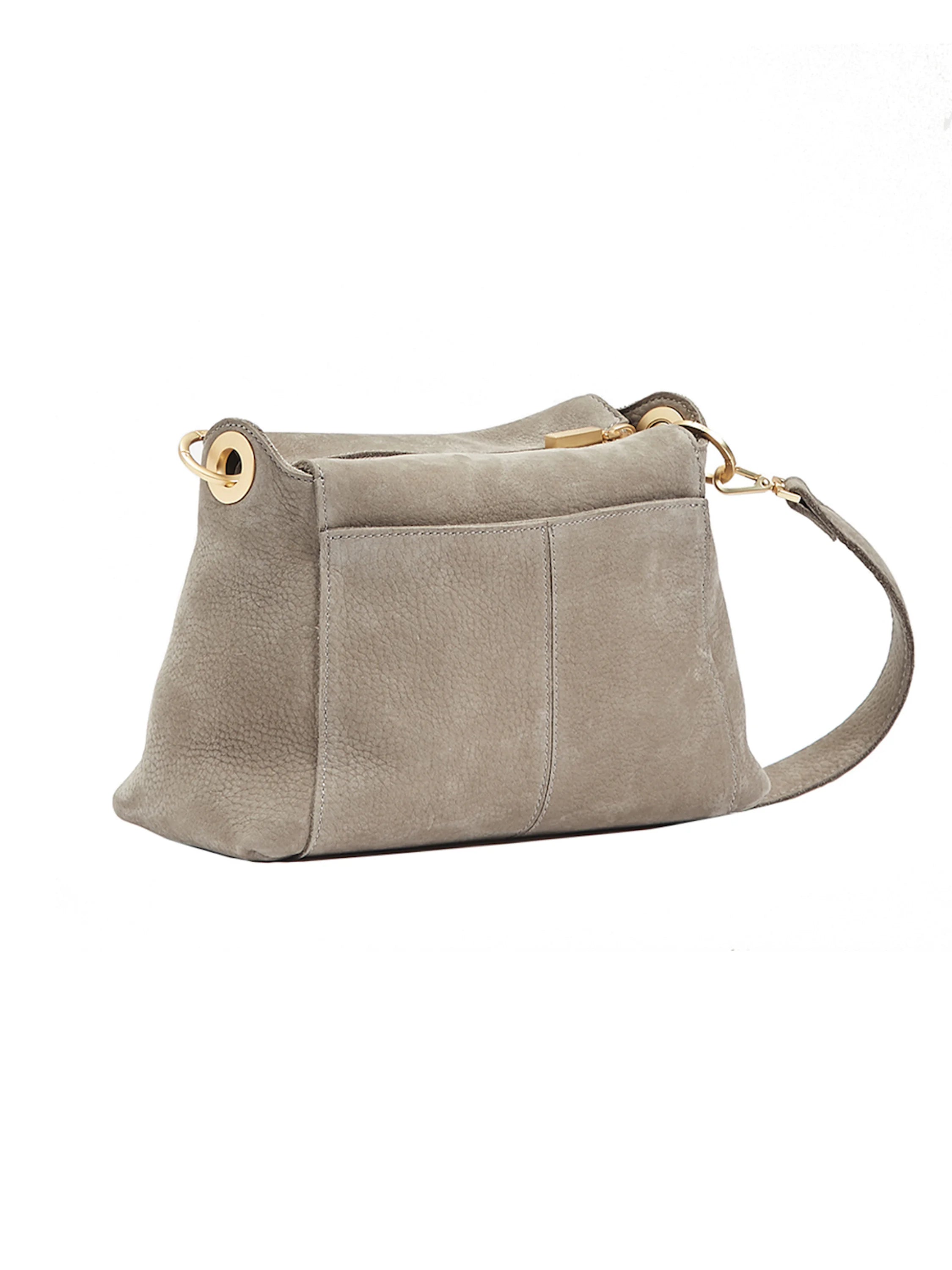Bryant Medium: Light gray pebbled leather shoulder bag with soft, slouchy shape, gold-tone hardware, and top zipper.