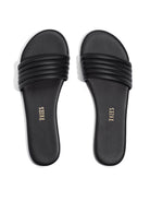 Black leather slides with three horizontal bands across the top.  "TKEES" is embossed on the soles in gold.
