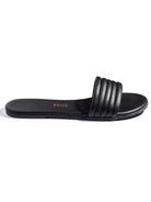 Black leather slide sandal with a padded, ribbed strap.  Sole is also black.  Tkees logo is subtly embossed.