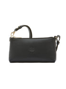 Dark pebbled leather rectangular shoulder bag with gold zipper and hardware. Features a short, adjustable strap and...