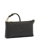 Black pebbled leather rectangular bag with gold-tone zipper, hardware, and a detachable short strap.