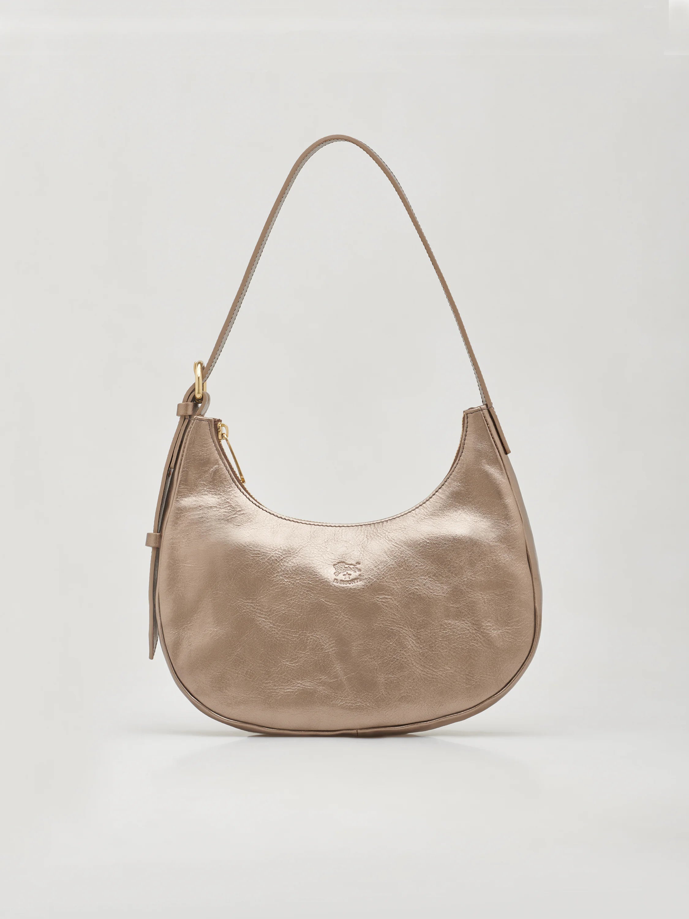 Shimmering taupe crescent shoulder bag with a single strap, gold-toned zipper, and embossed logo on front.