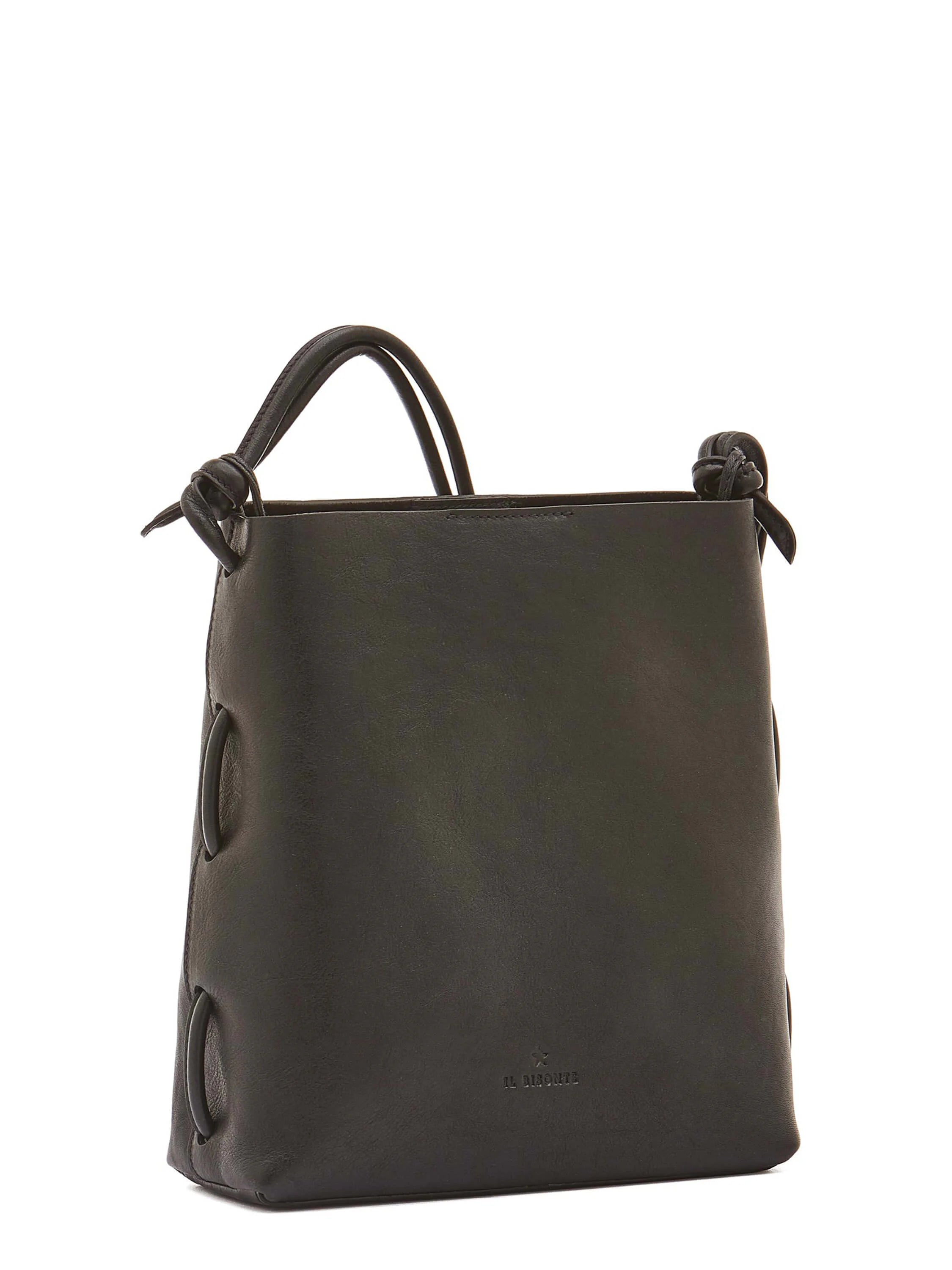 Dark leather shoulder bag with knotted top handles, decorative vertical leather loops, and an embossed logo.