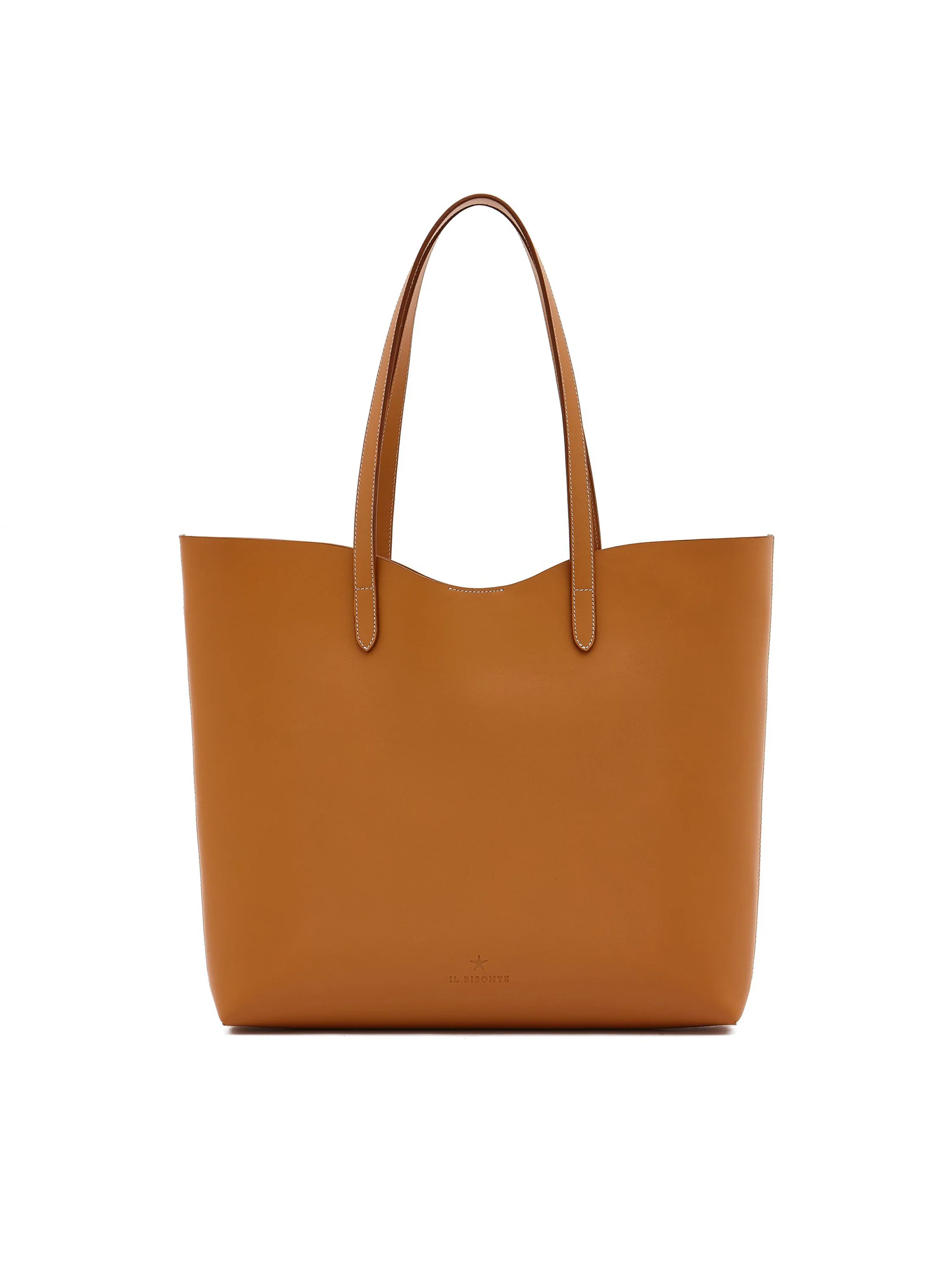 Brown leather tote bag with long handles.  Subtle logo.