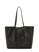 Black leather tote bag with two shoulder straps.  Subtle pleats on the front.  Small logo near the bottom.