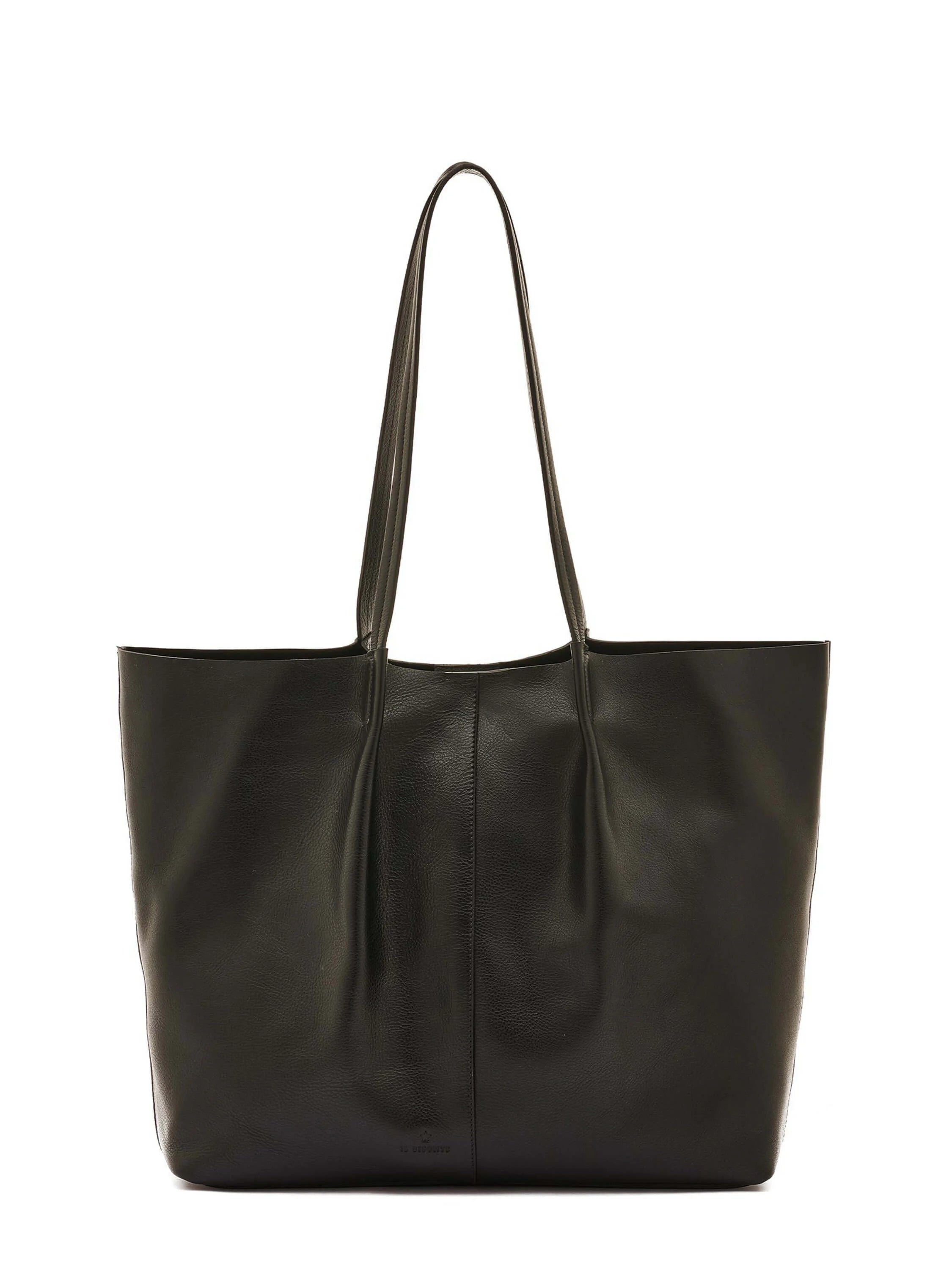 Black leather tote bag with two shoulder straps.  Subtle pleats on the front.  Small logo near the bottom.