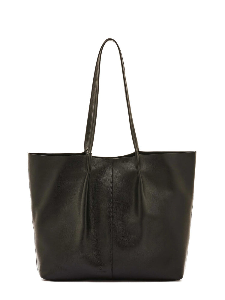 Black leather tote bag with two shoulder straps.  Subtle pleats on the front.  Small logo near the bottom.