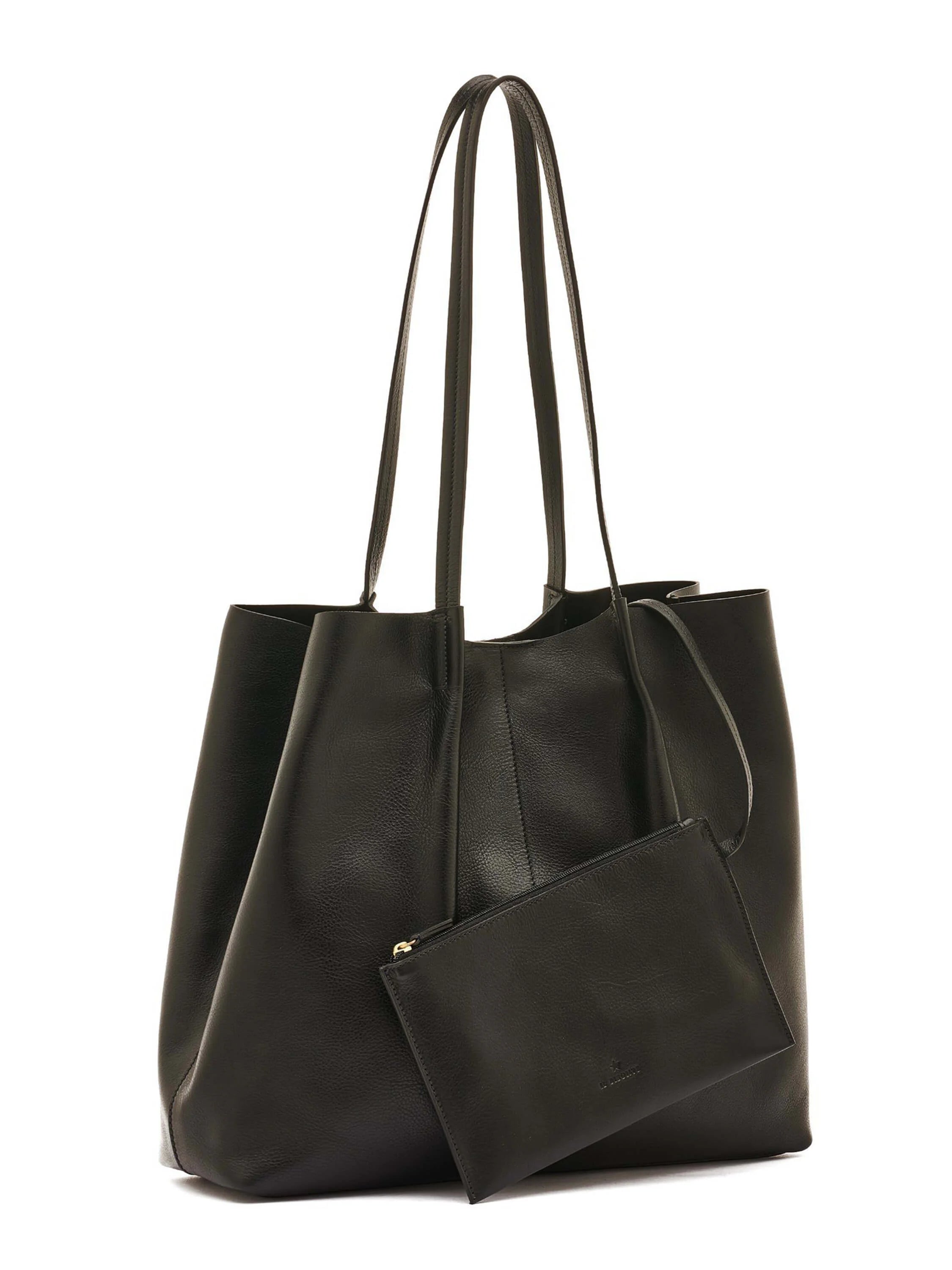 Black leather tote bag with two shoulder straps and a smaller matching zippered pouch.