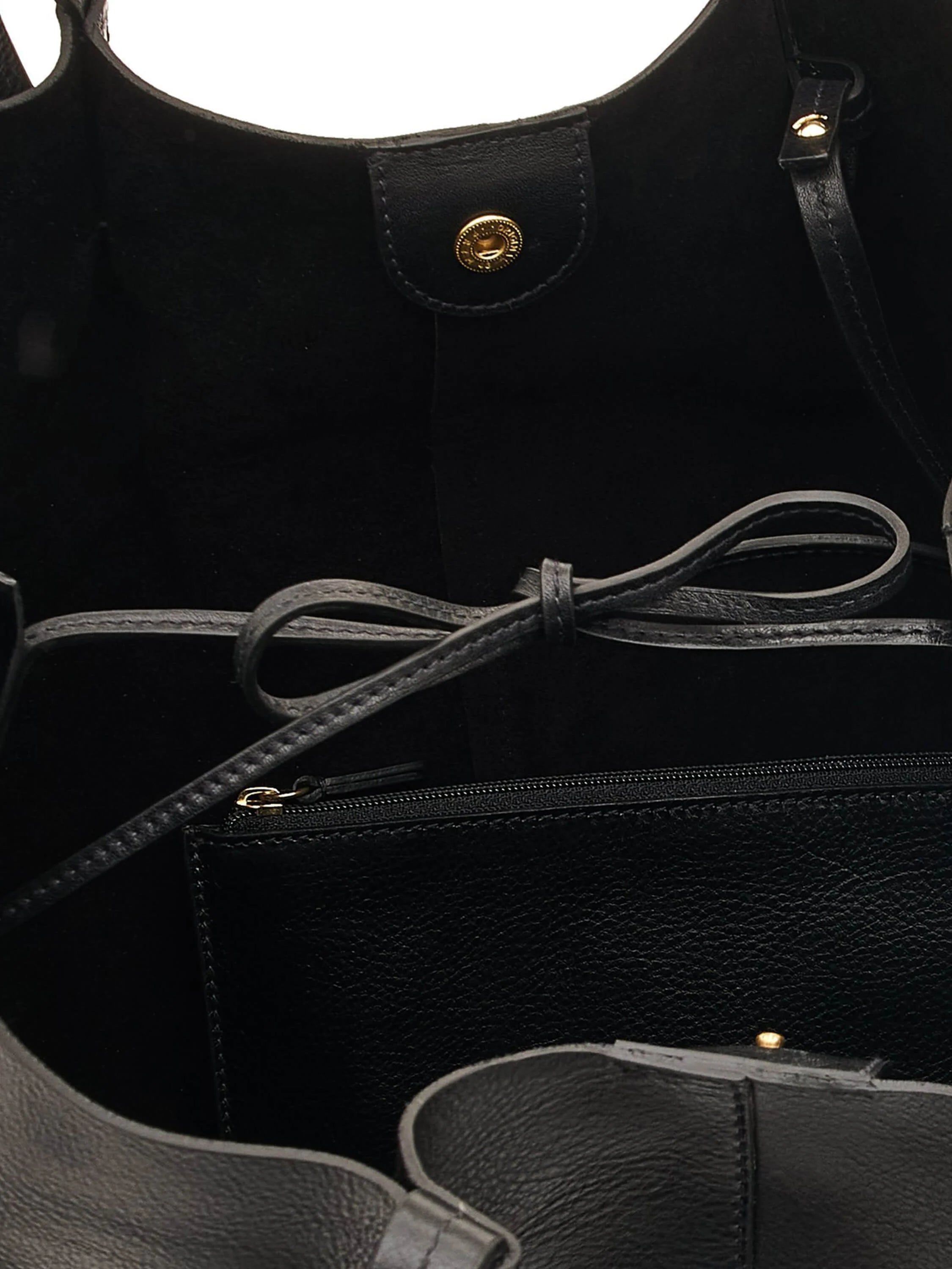 Black leather tote bag with gold-toned hardware; interior features a small zipped pocket and drawstring closure.