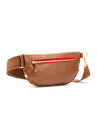 Brown leather crossbody, curved. Features a red-lined gold zipper, gold hardware, and brown strap.