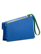 Blue pebbled leather clutch with a green wristlet strap, gold zipper, and green zipper trim.