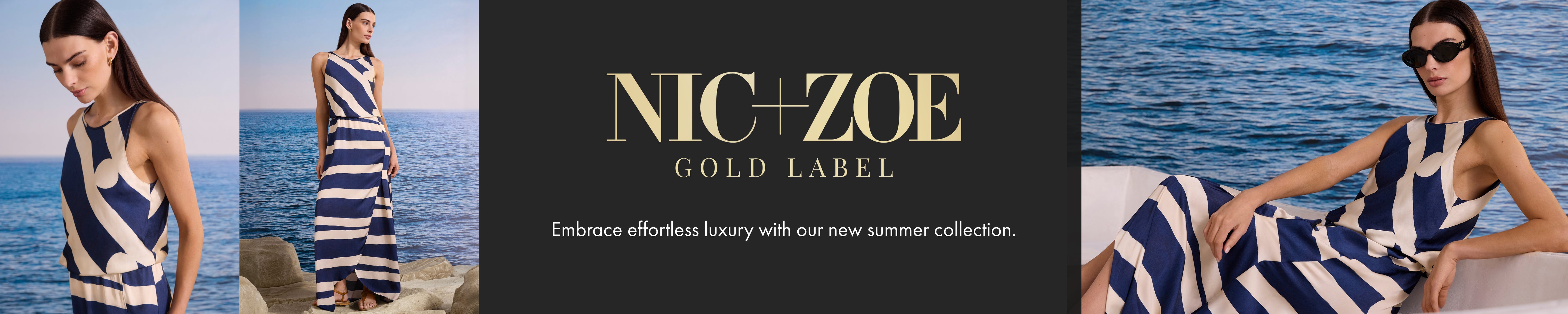 Woman in a blue and white striped dress by the ocean, with 'Nic+Zoe Gold Label' branding.