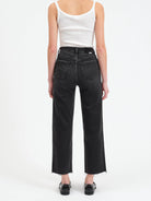 Dark gray, high-waisted wide-leg pants with a frayed hem.  Back view.