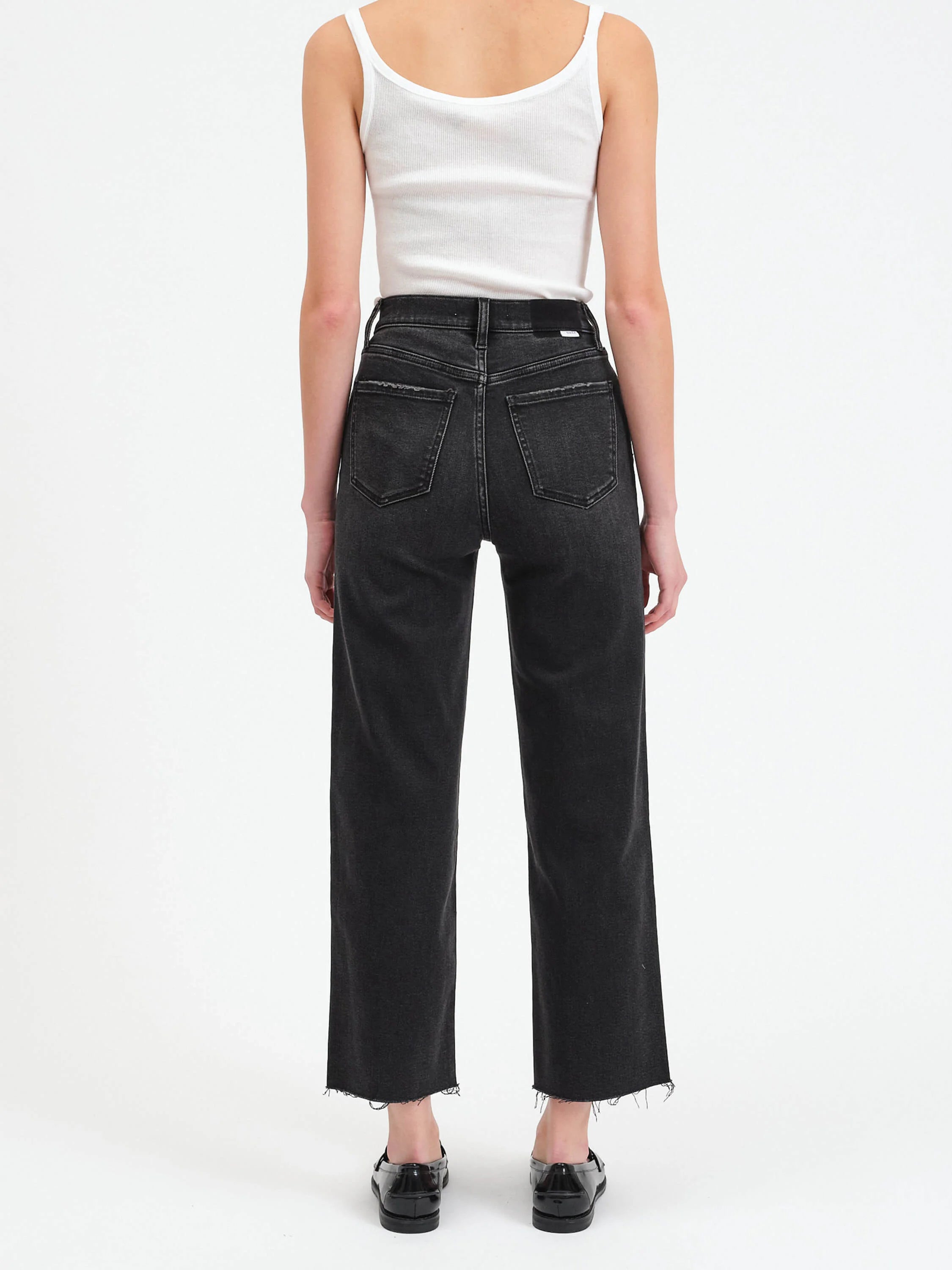 Dark gray, high-waisted wide-leg pants with a frayed hem.  Back view.