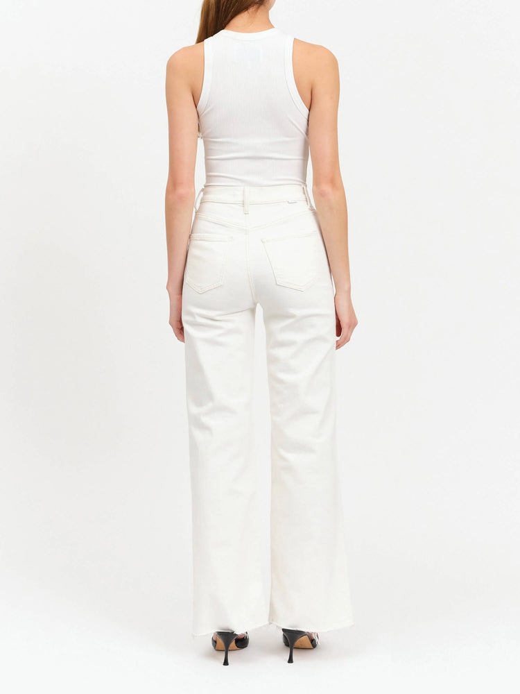 Off-white, wide-leg jeans with frayed hems.  Back view shows two back pockets.