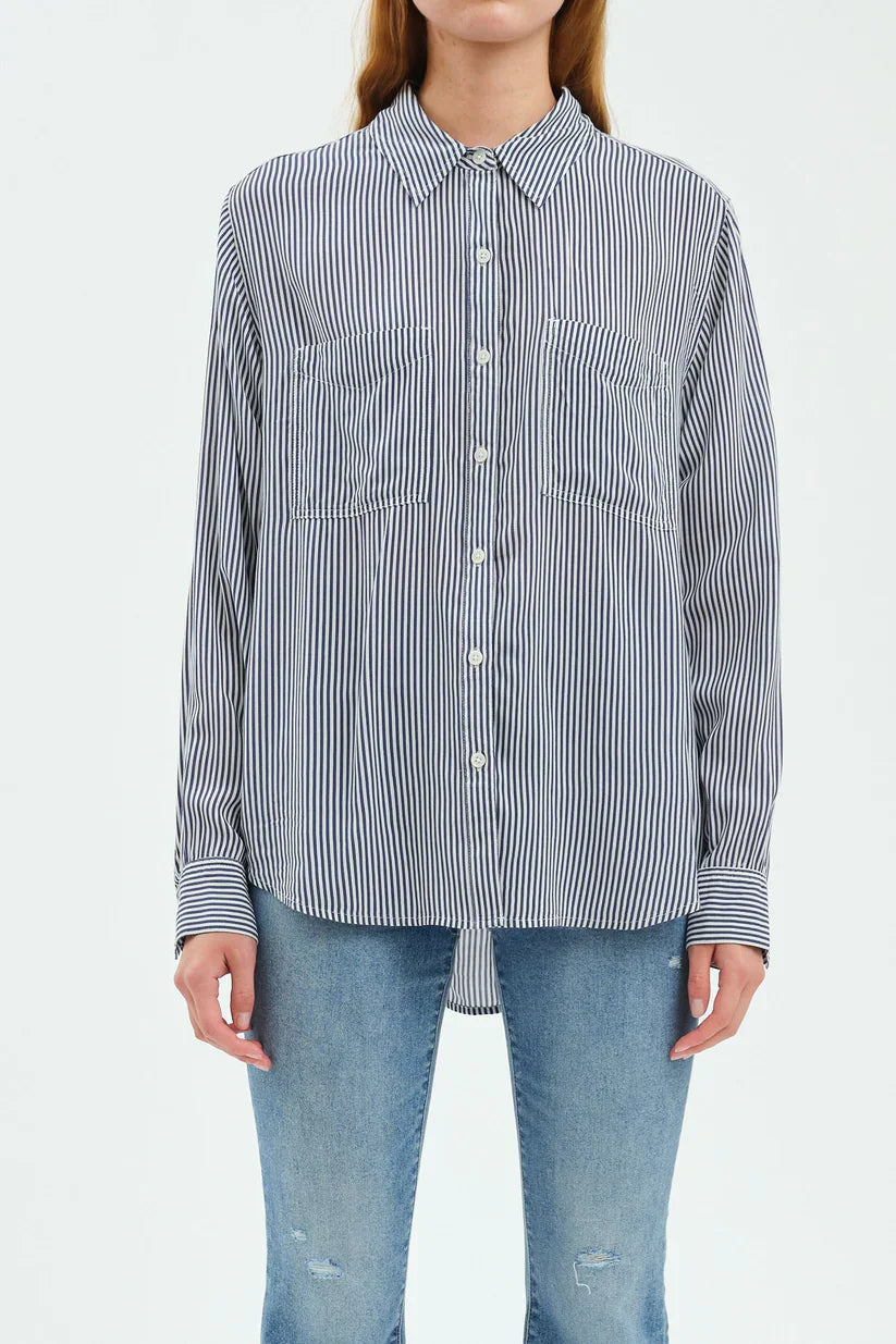 Navy & white striped button-up top with long sleeves, collar, and two chest pockets.