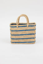 Natural beige woven straw tote bag with blue horizontal stripes and two top handles.