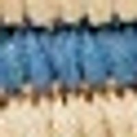 Woven fabric swatch: sandy beige & mottled medium blue stripes with thin dark lines. Coarse texture.