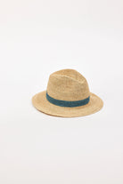 Straw fedora in natural tan with a woven teal blue band around the crown.
