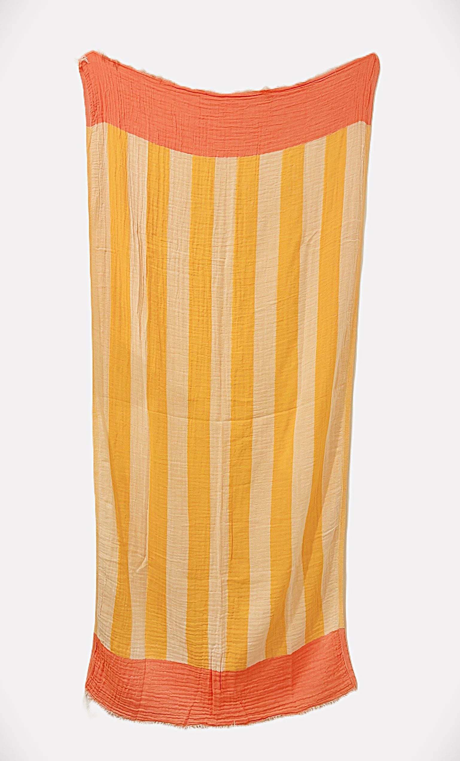 Vertical striped towel with mustard yellow and beige stripes, and textured coral-orange bands at top and bottom.