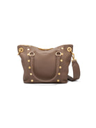 Taupe pebbled leather satchel with gold hardware, top zipper, two short handles, and a detachable shoulder strap.