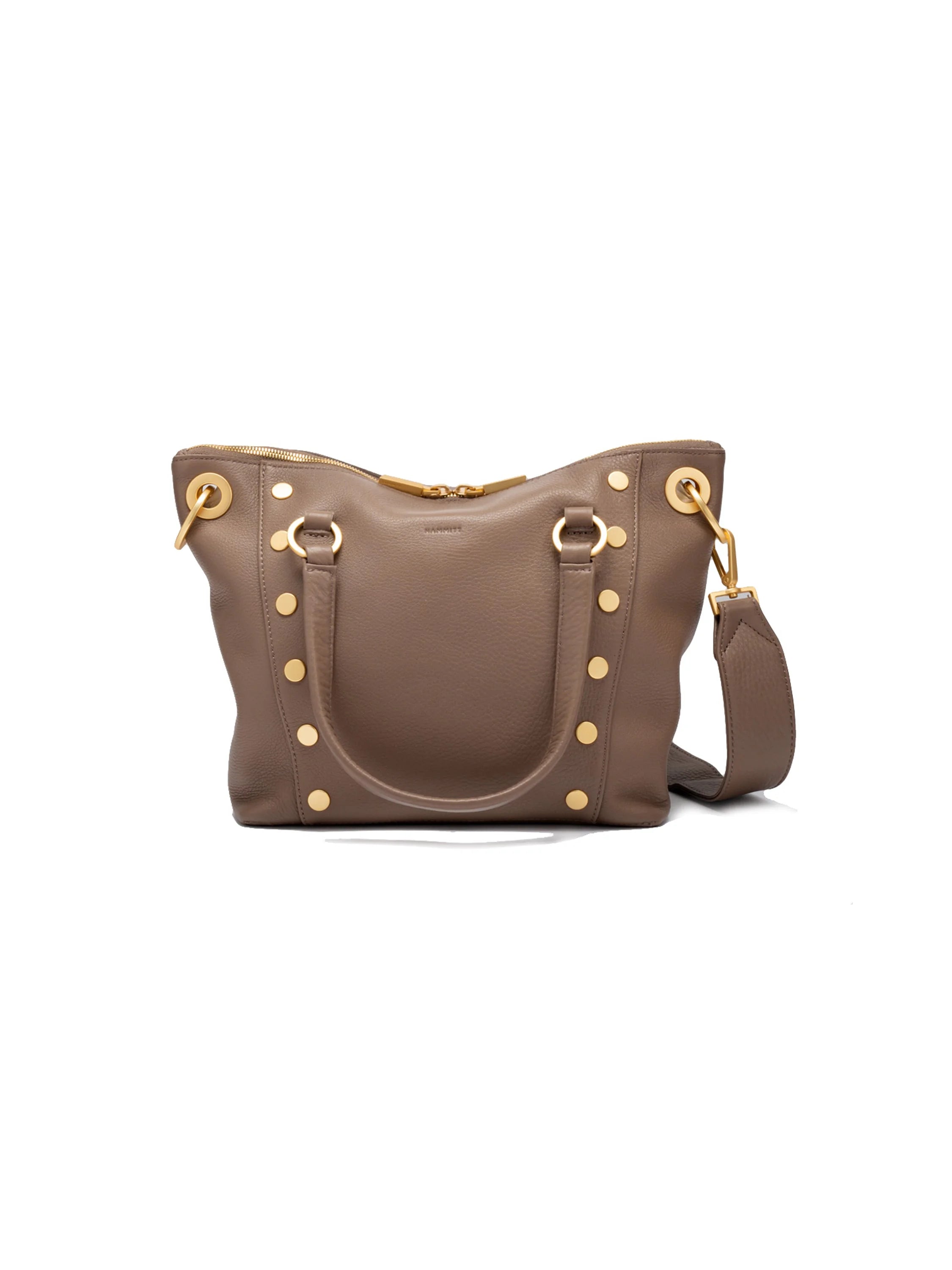 Taupe pebbled leather satchel with gold hardware, top zipper, two short handles, and a detachable shoulder strap.