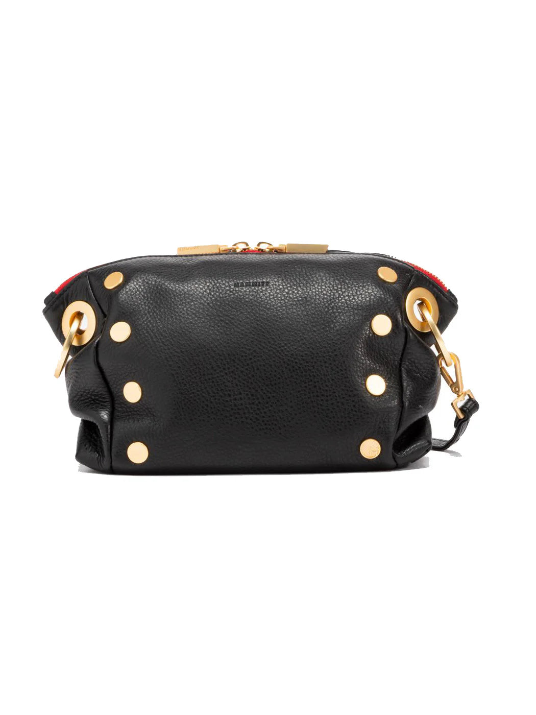 Black leather crossbody clutch; gold studs and hardware; red zipper.