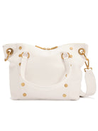 Off-white satchel with gold-tone hardware, top zip closure, dual top handles, and detachable shoulder strap.