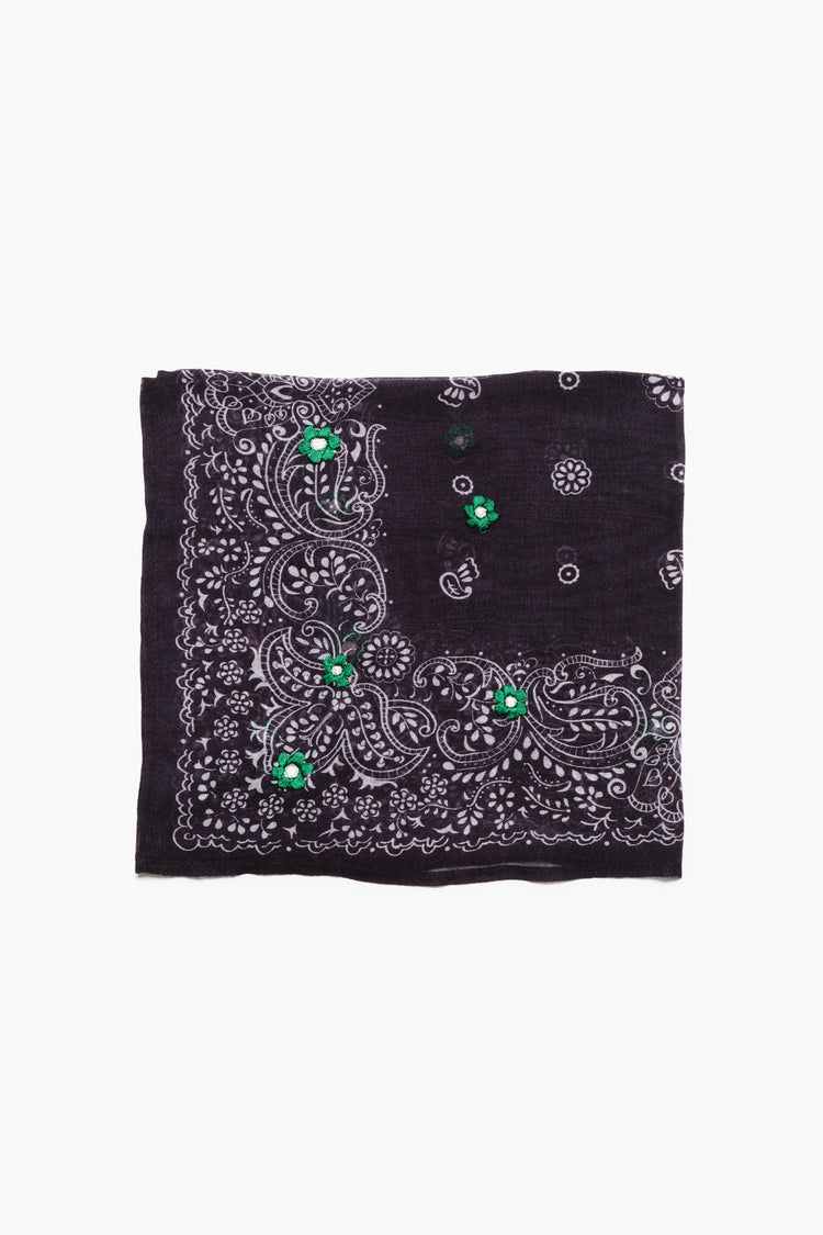 Dark bandana with white paisley pattern & green embroidered flowers.