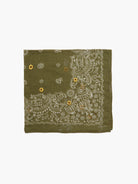 Olive green bandana with off-white paisley pattern and yellow embroidered flowers.