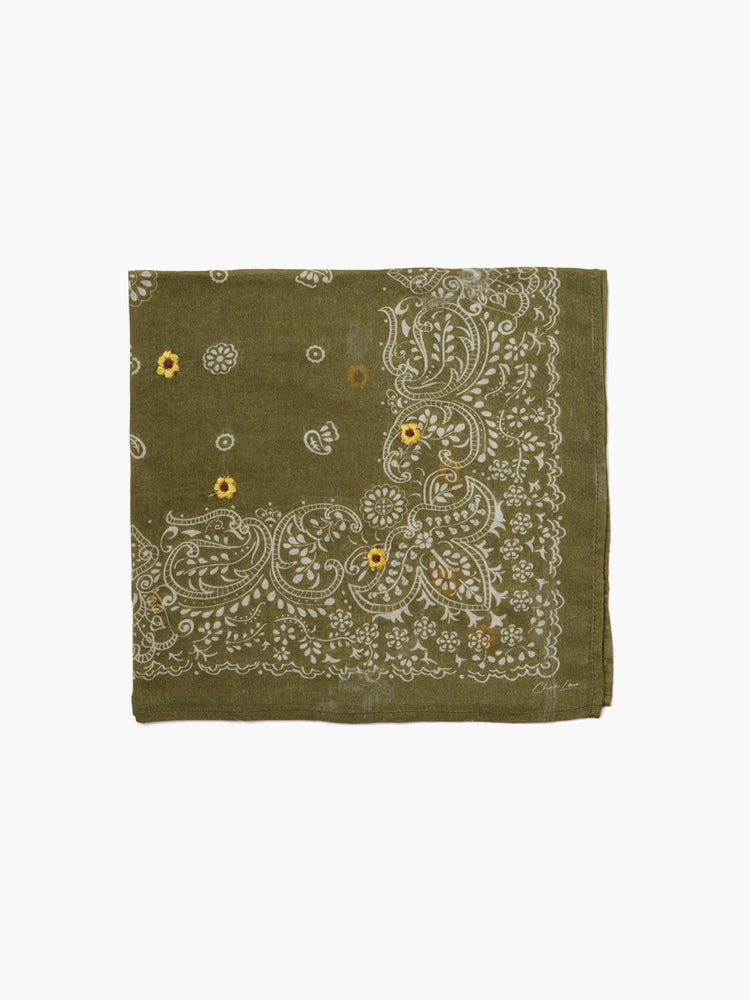Olive green bandana with off-white paisley pattern and yellow embroidered flowers.