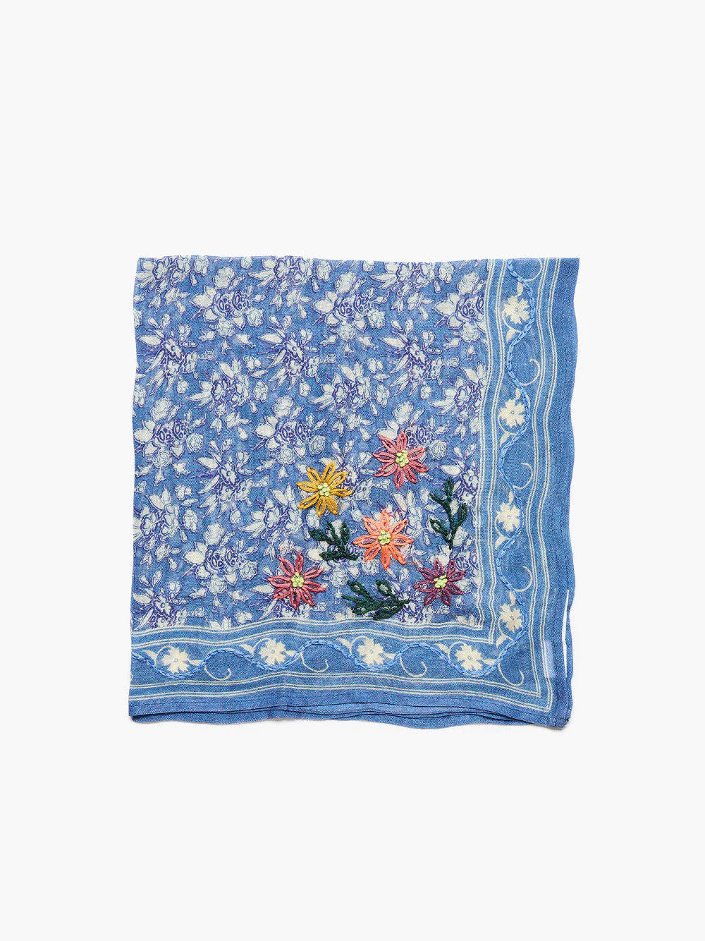 Blue bandana with white floral lattice print, striped border, and embroidered yellow, pink, orange, purple, green flowers.