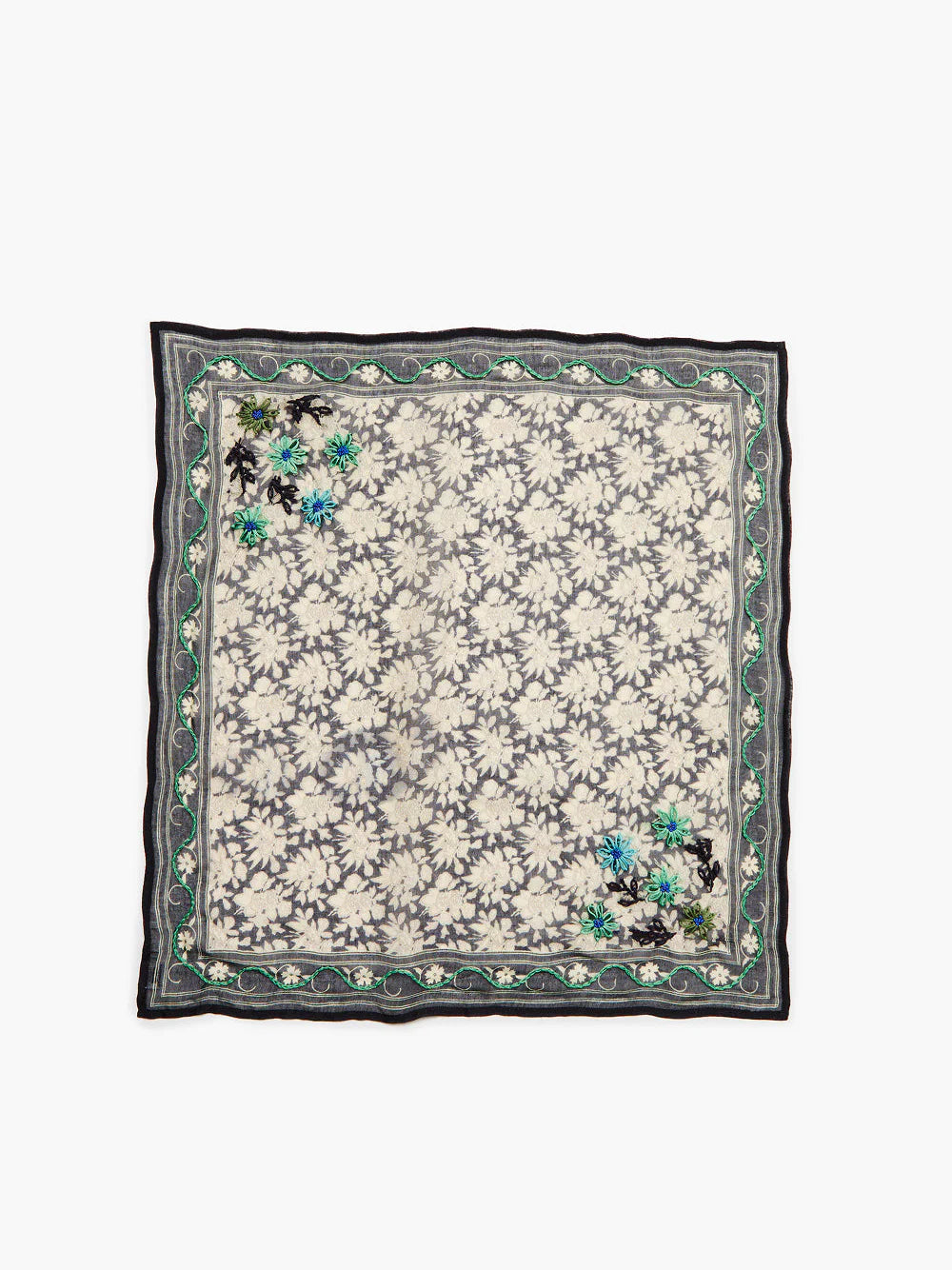 Square charcoal bandana with off-white floral print. Green beaded vine border, raised blue/green embroidered flowers.