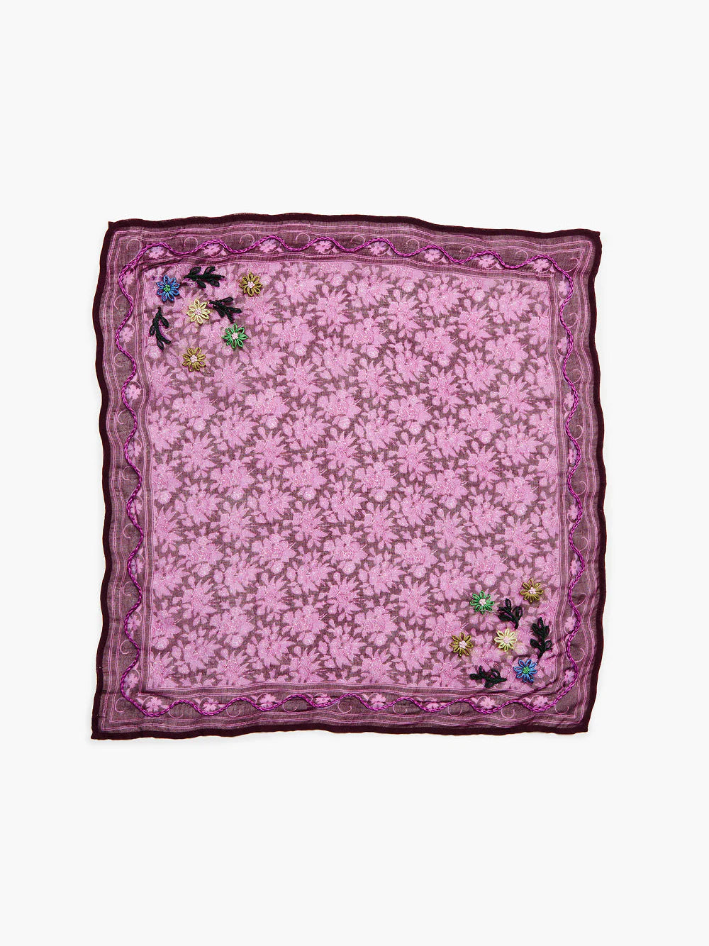 Square bandana: pink-purple floral print, dark border, magenta wavy trim, colorful beaded flowers in two corners.