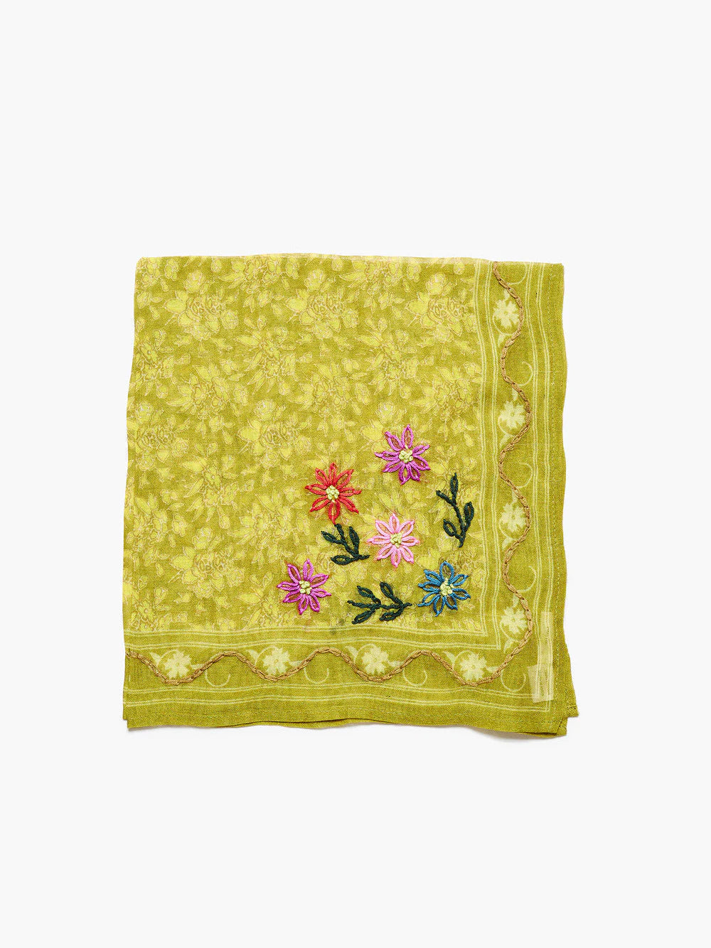 Lime green bandana with subtle floral print. Embroidered red, pink, purple, blue flowers & green leaves, scalloped border.