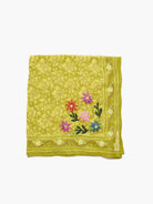 Lime green bandana with subtle floral print. Embroidered red, pink, purple, blue flowers & green leaves, scalloped border.